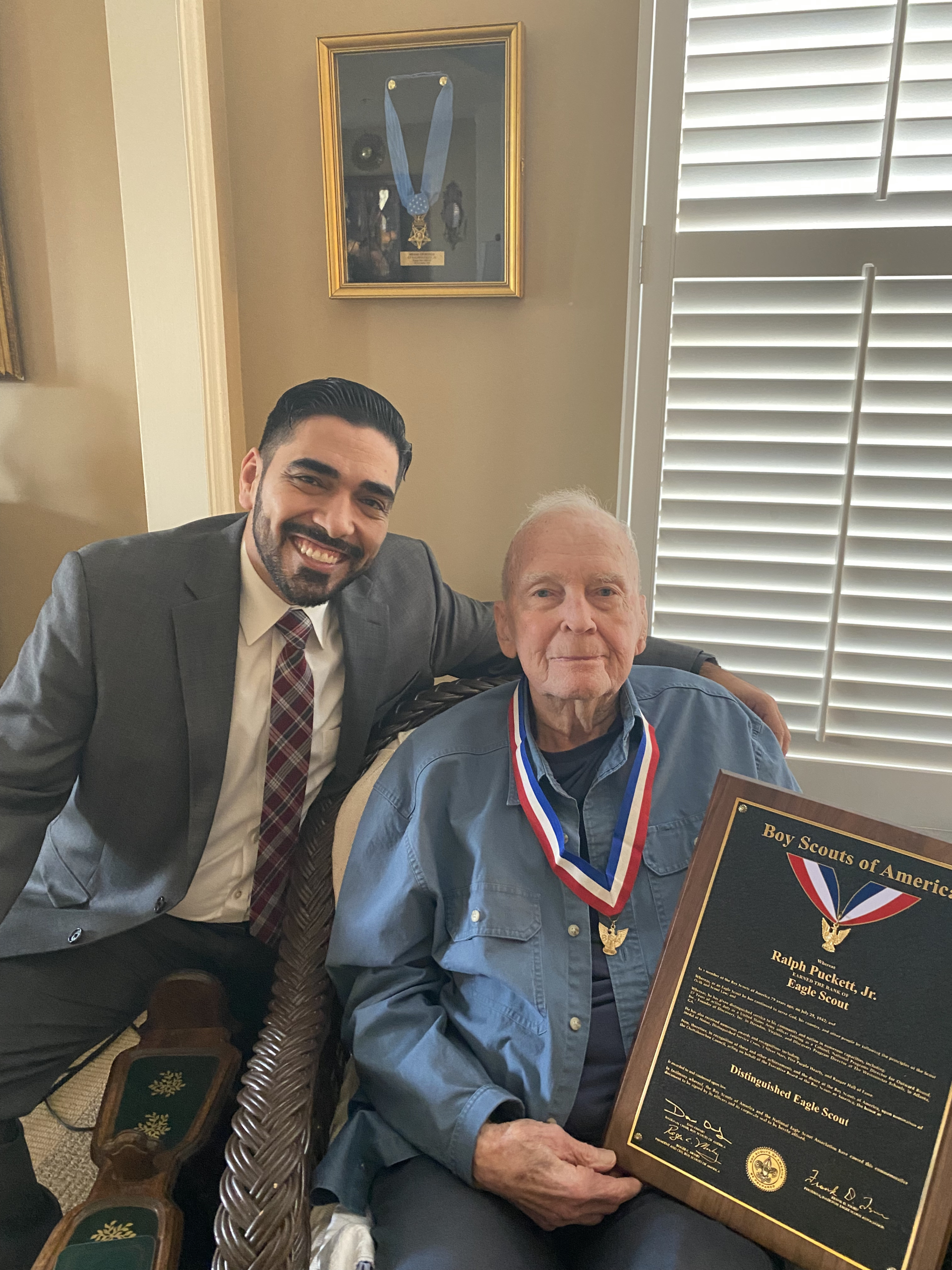 Juan Osorio with with Medal of Honor recipient Colonel Ralph Puckett, Distinguished Eagle Scout.